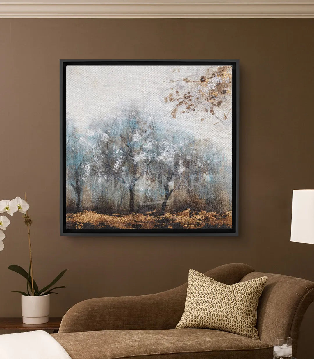 Tableau forêt brumeuse avec arbres gris bleu et beige — Massinart