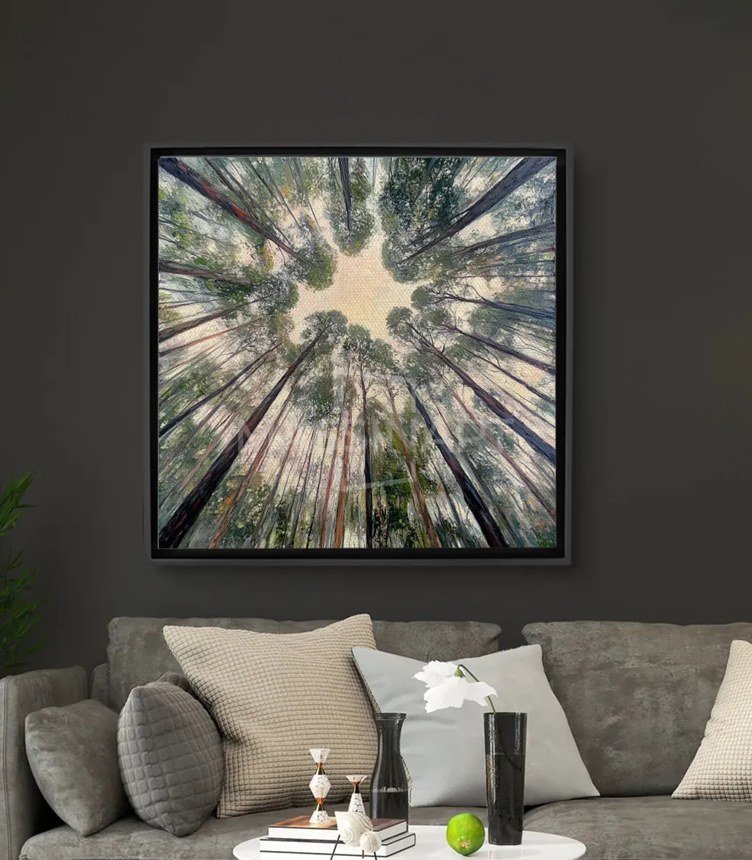 Tableau forêt vue aérienne Massinart — arbres convergeant vers le ciel