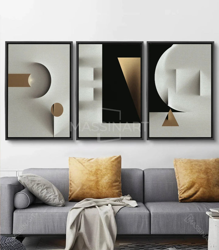Tableau formes géométriques — sphère et rectangle doré sur fond blanc Massinart