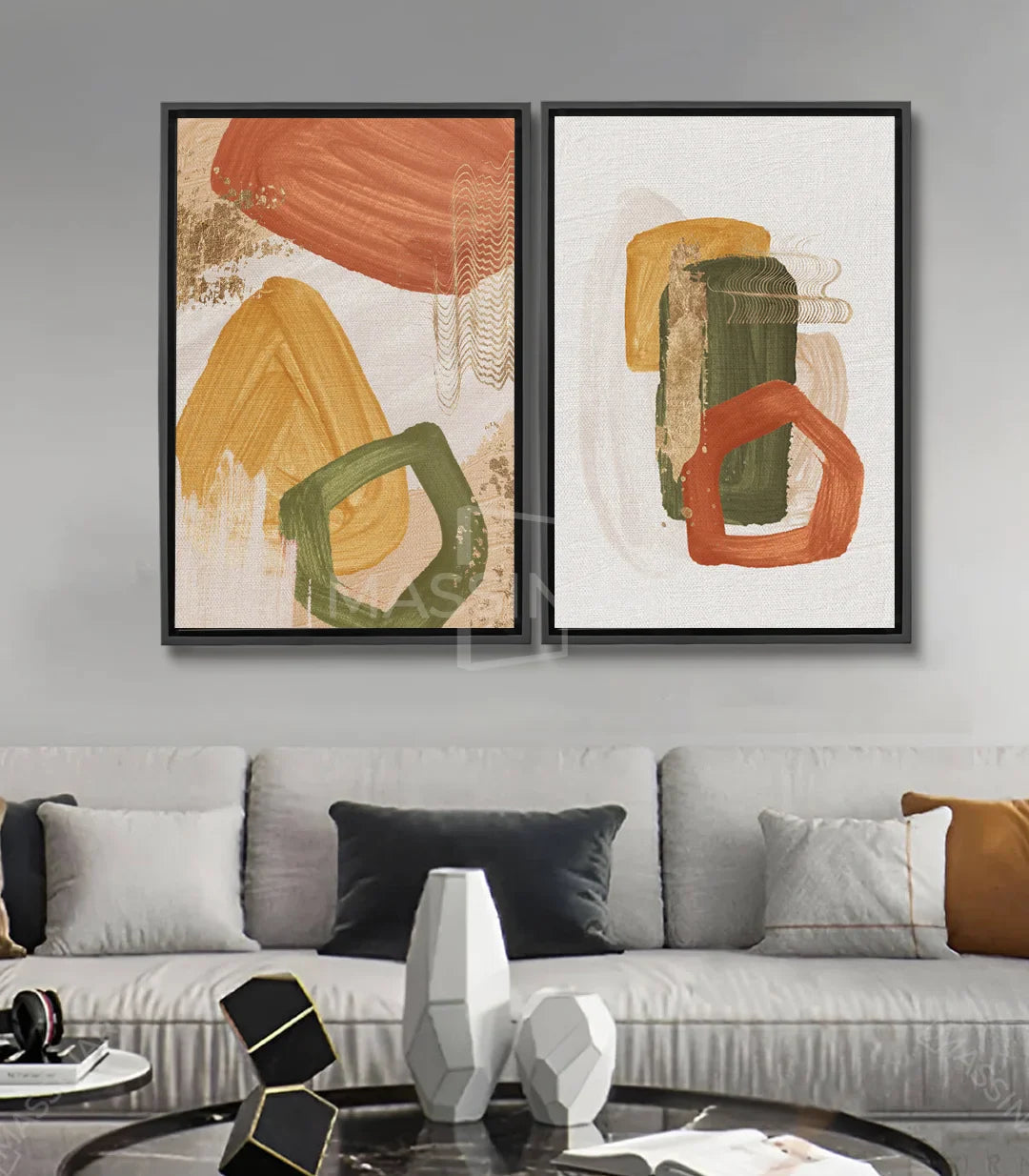 Tableau Formscape diptyque abstrait — formes géométriques ocre vert terracotta Massinart