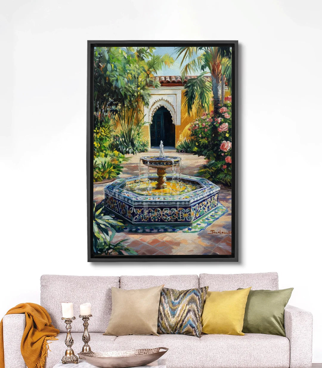 Tableau Fountain Charm Massinart — fontaine zellige marocaine, riad avec palmiers