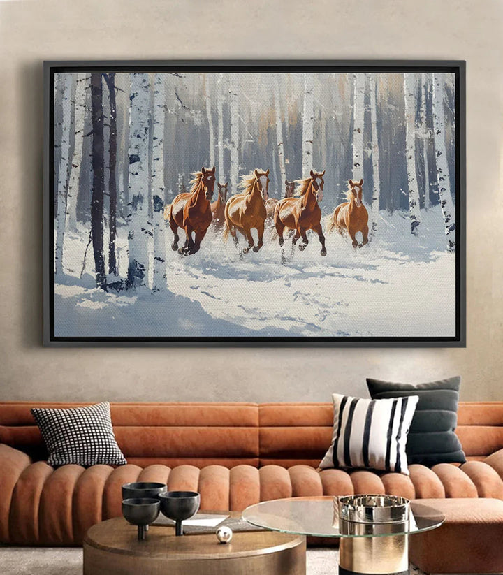Tableau Frost & Freedom Massinart — quatre chevaux marron galopant en forêt enneigée de bouleaux blancs