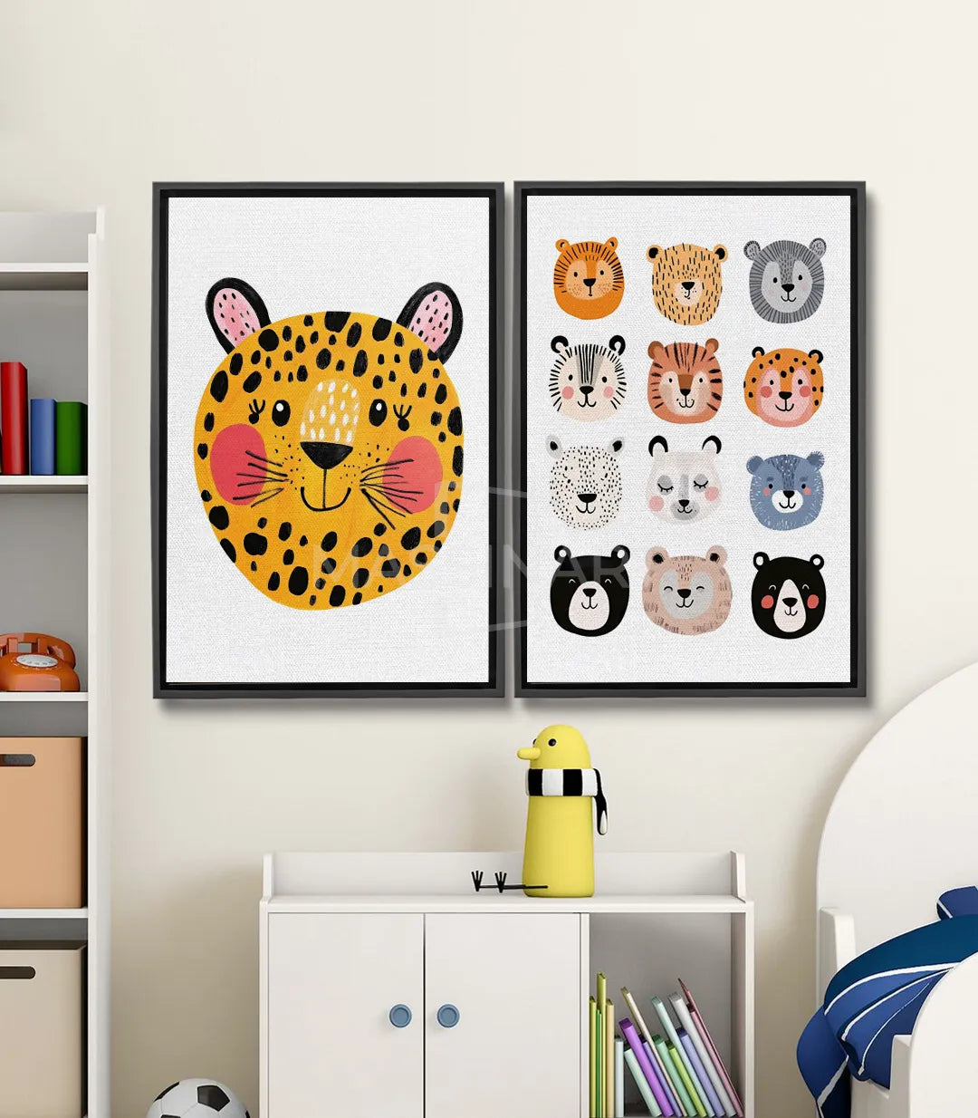 Tableau Furry Faces diptyque gauche — léopard jaune à pois noirs et rose, sourire expressif, illustration Massinart
