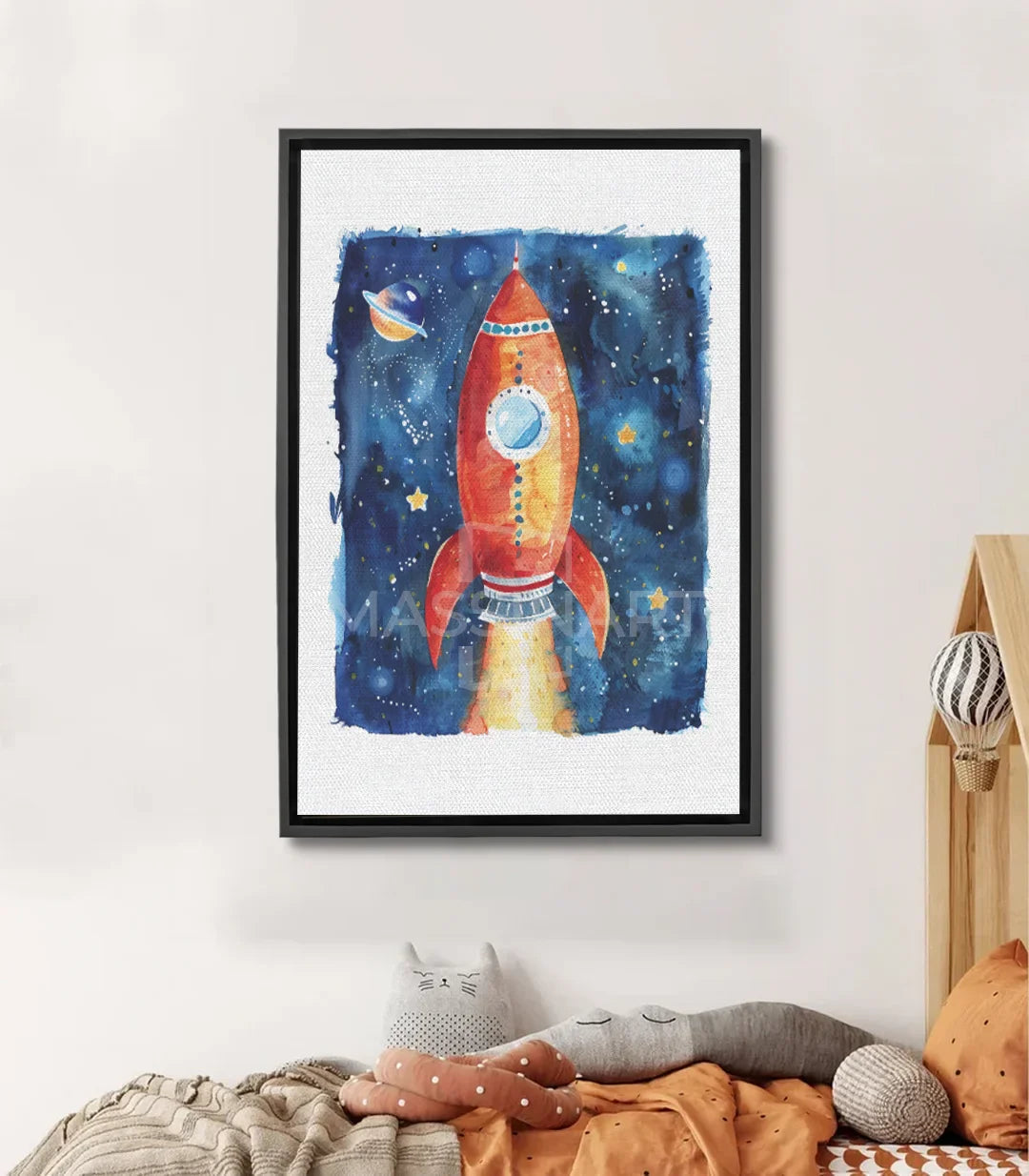 Tableau fusée spatiale Massinart — illustration enfant univers bleu et rouge