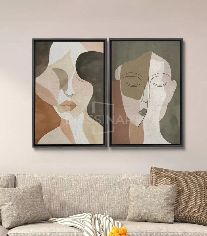 Tableau Fusion diptyque — portraits abstraits géométriques beige et blanc Massinart