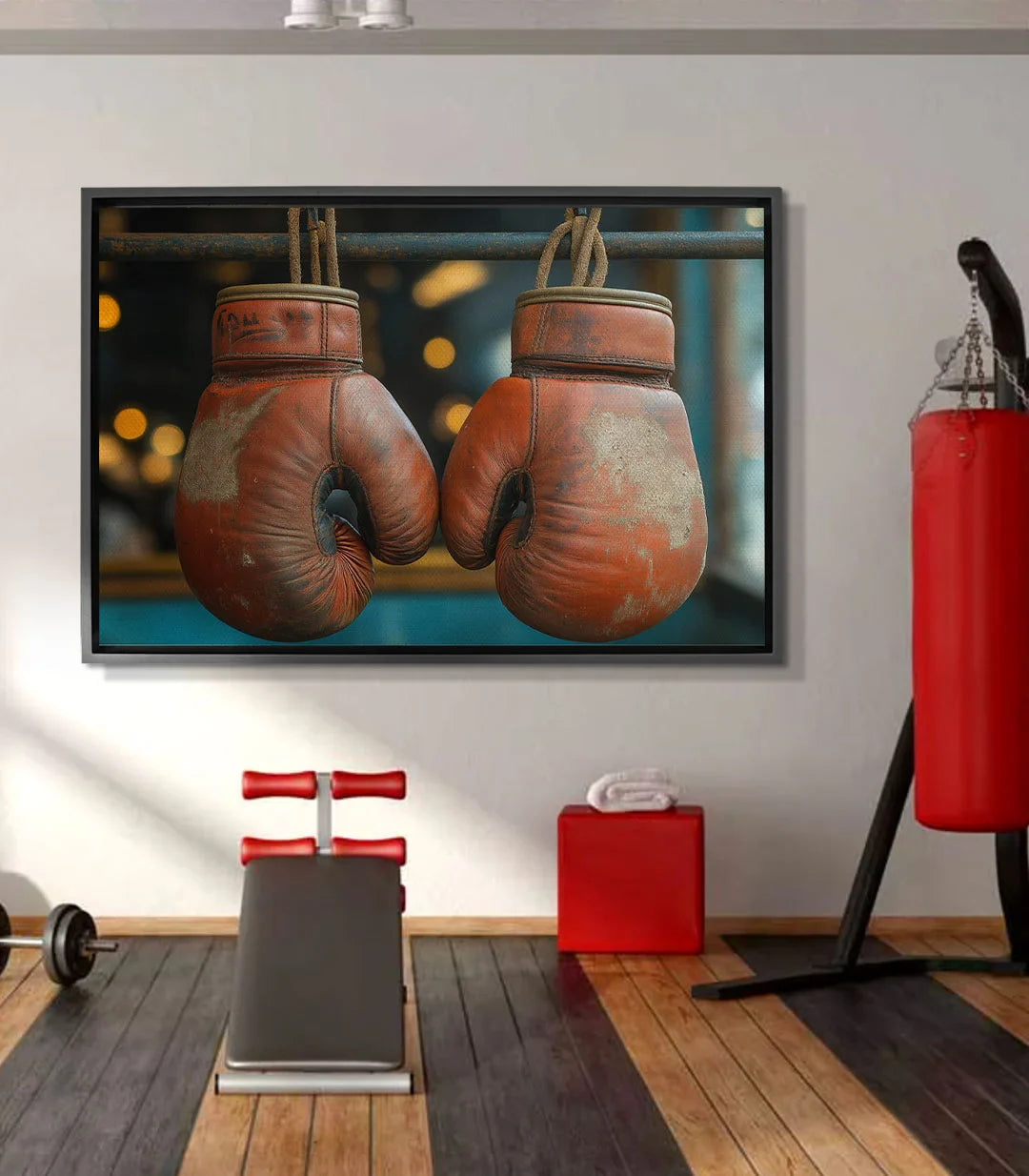 Tableau gants de boxe Massinart — gants rouges vintage suspendus fond bleu