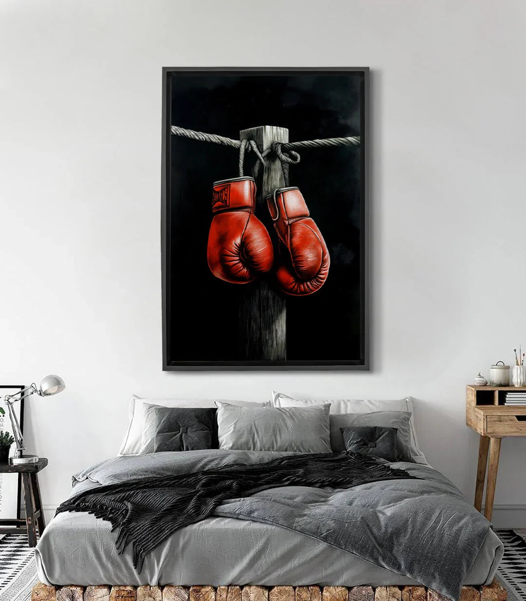 Tableau gants de boxe rouges suspendus corde fond noir Massinart