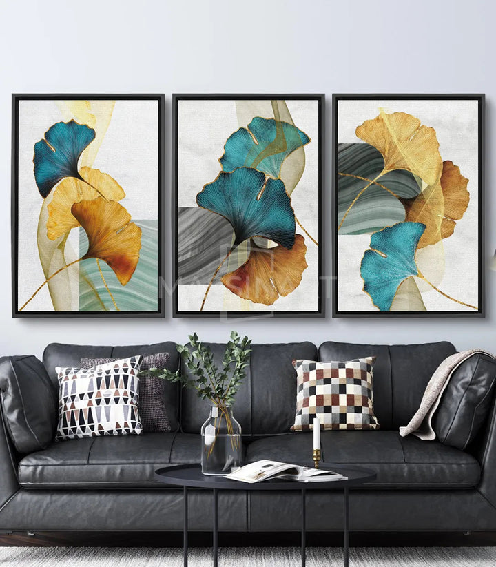 Tableau Ginkgo Leaves triptyque panneau gauche — feuilles bleu turquoise et jaune doré sur fond blanc, Massinart