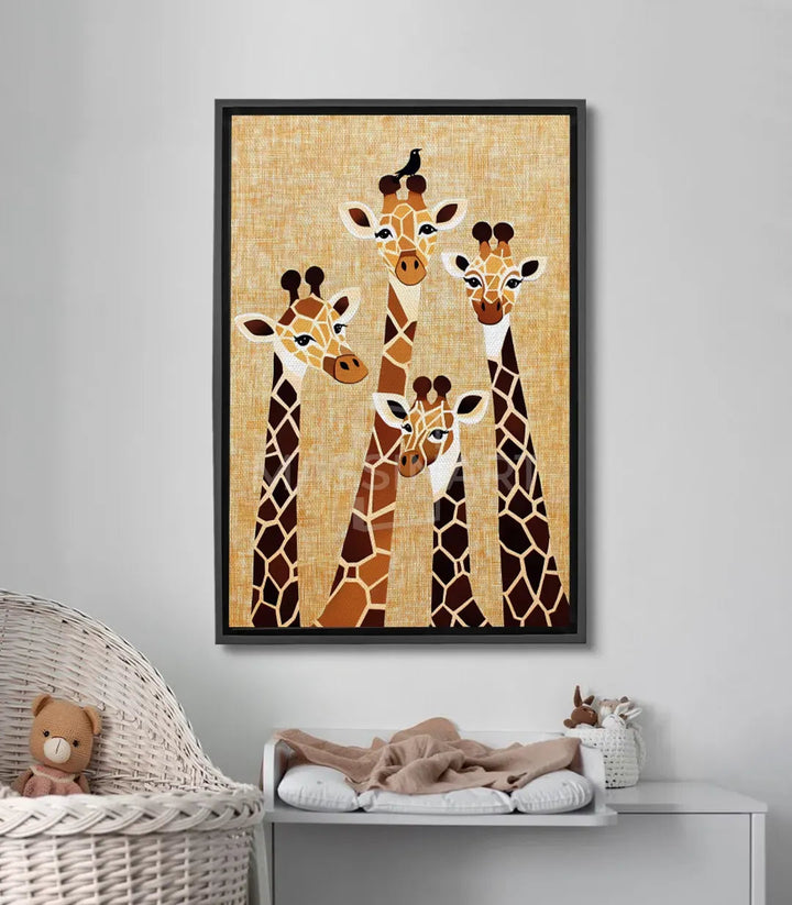 Tableau Giraffes Massinart — famille de giraffes géométriques marron et beige sur fond texturé