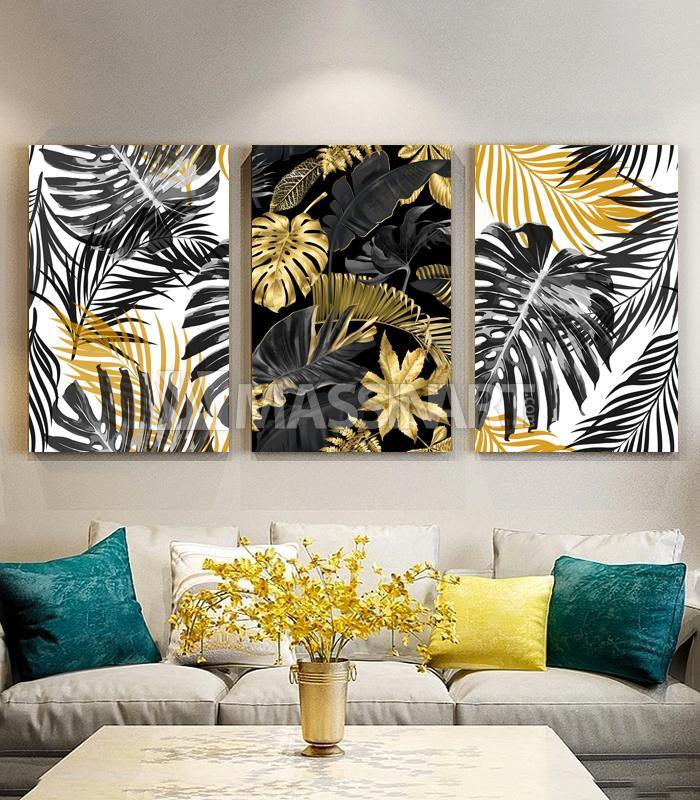 Tableau Golden and Black Leaves triptyque — feuilles tropicales noir, blanc et doré sur fond clair Massinart
