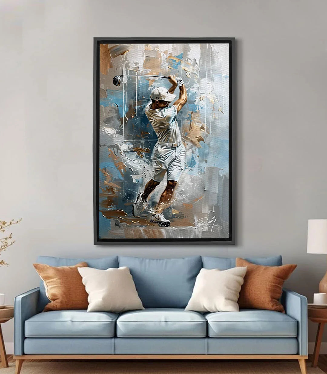 Tableau golfeur en action The Perfect Hit — golf abstrait bleu beige Massinart