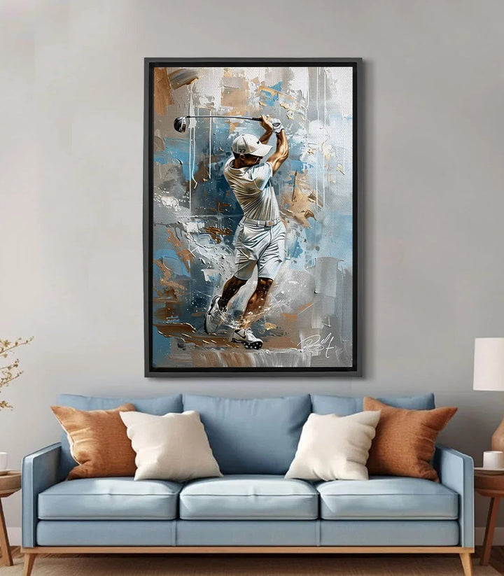 Tableau golfeur en action The Perfect Hit — golf abstrait bleu beige Massinart