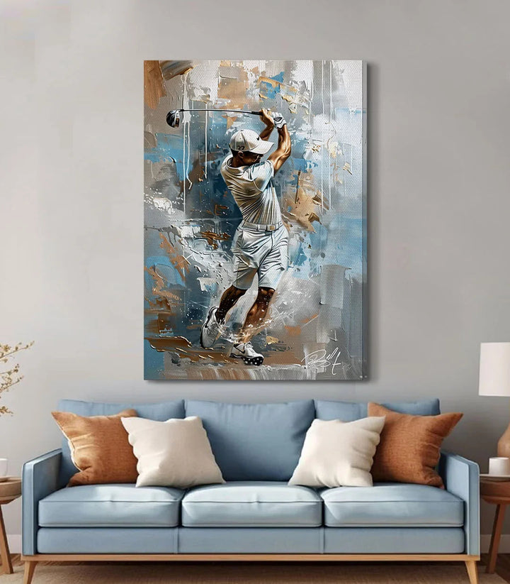 Tableau golfeur The Perfect Hit décoration mur salon bleu Massinart