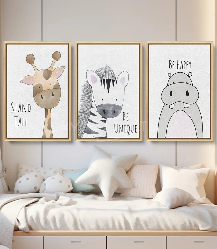 Tableau hippopotame « Be Happy » minimaliste gris — Massinart