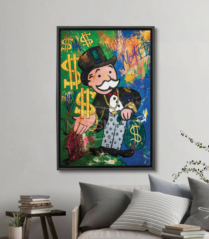 Tableau Hustler pop-art Massinart — personnage cartoon avec dollars or sur fond vert-bleu