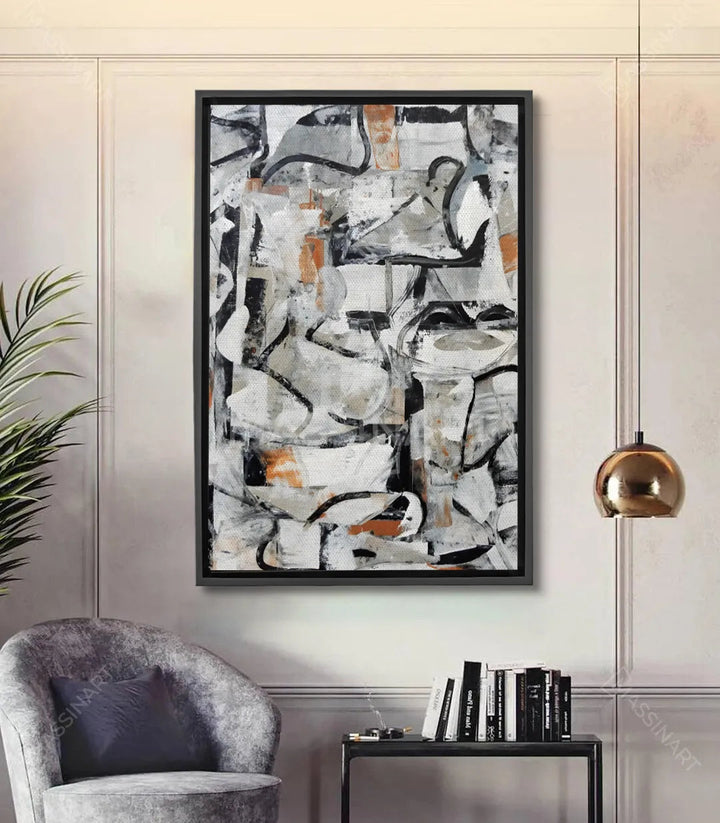 Tableau Inkflow Fusion abstrait expressionniste — formes noires et grises avec accents orange sur fond blanc, Massinart