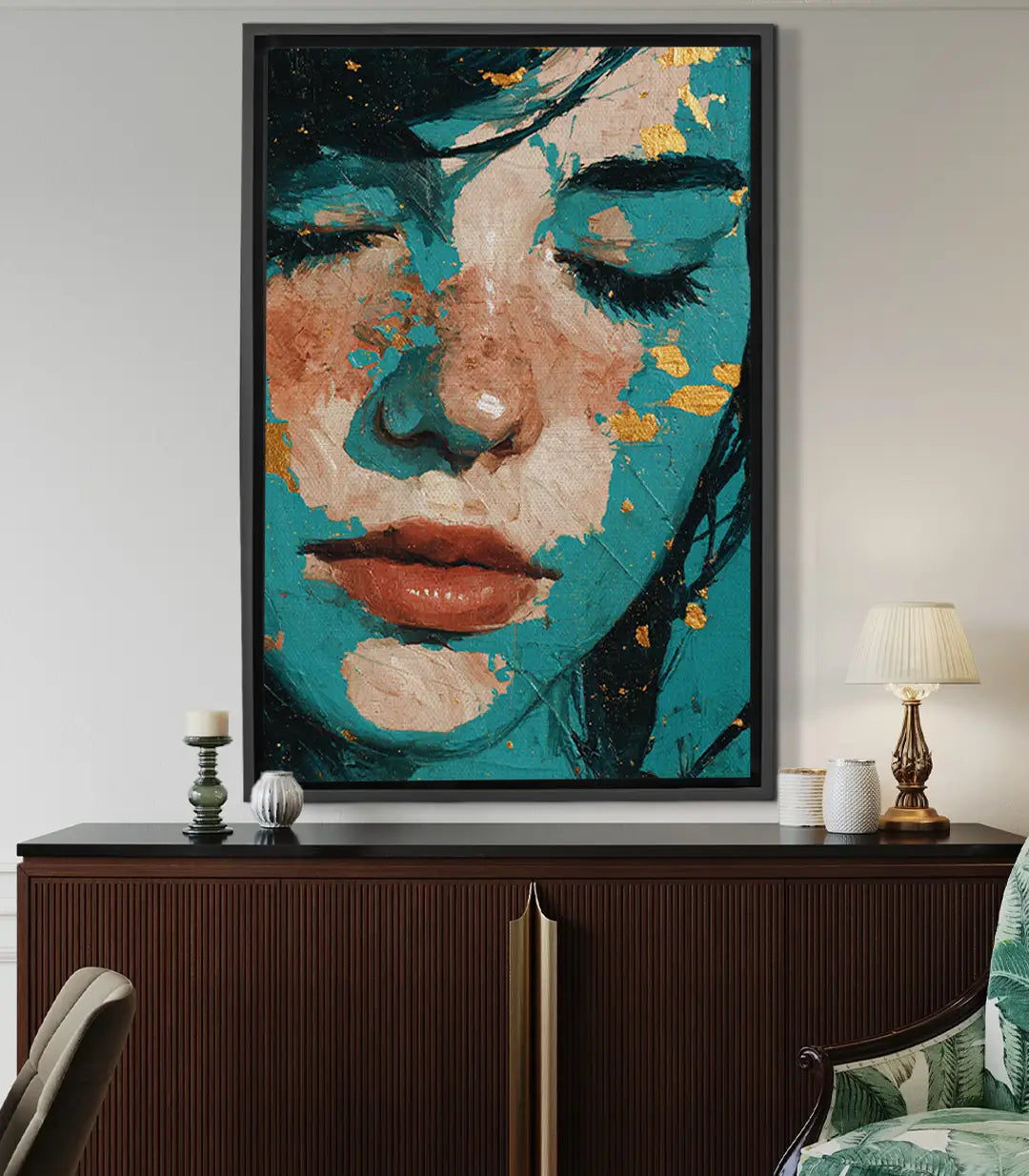 Tableau Inner Sorrow portrait femme turquoise et doré Massinart