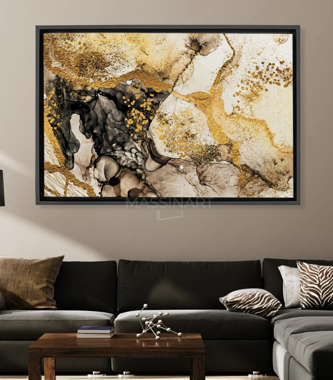 Tableau Inspiration abstrait horizontal — encre noire et or sur fond beige, style minimaliste Massinart