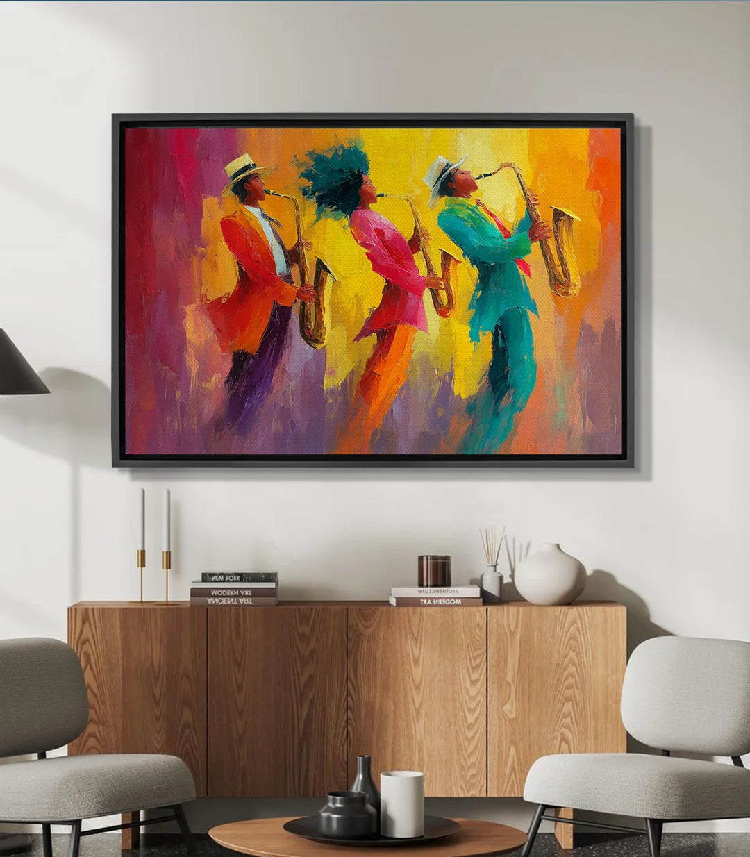 Tableau Jam musiciens jazz expressionniste, trois saxophonistes en rouge, jaune et turquois — Massinart