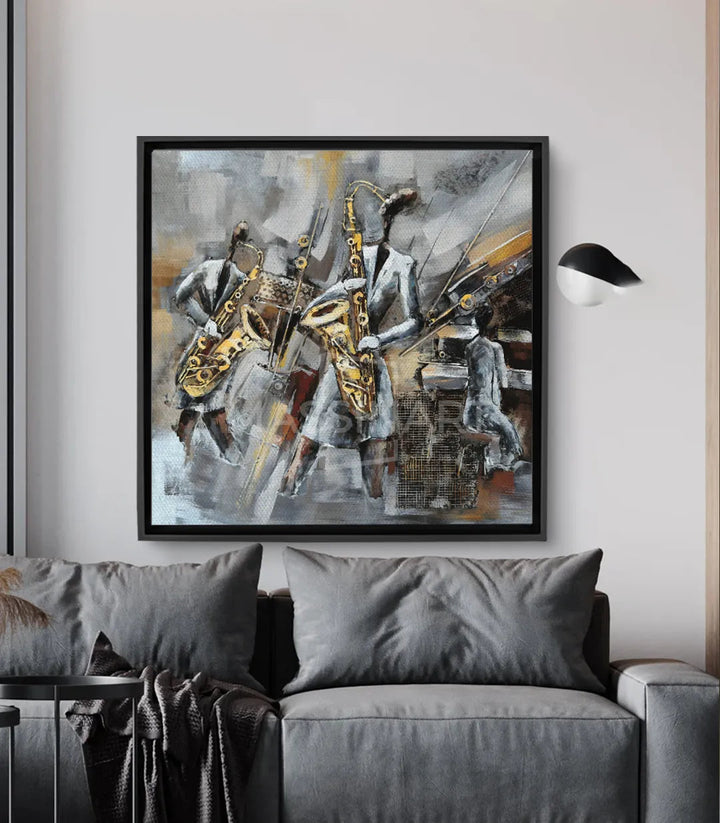 Tableau Jazz Saxophone — musiciens expressionnistes saxophones dorés gris Massinart