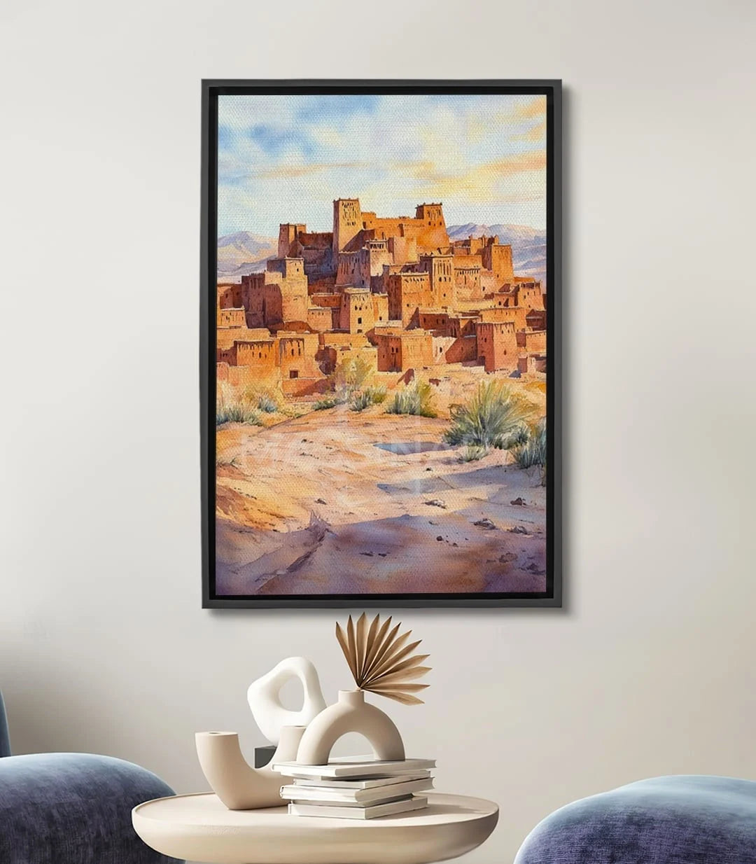 Tableau Kasbah marocaine aquarelle - forteresse ocre désert bleu or Massinart