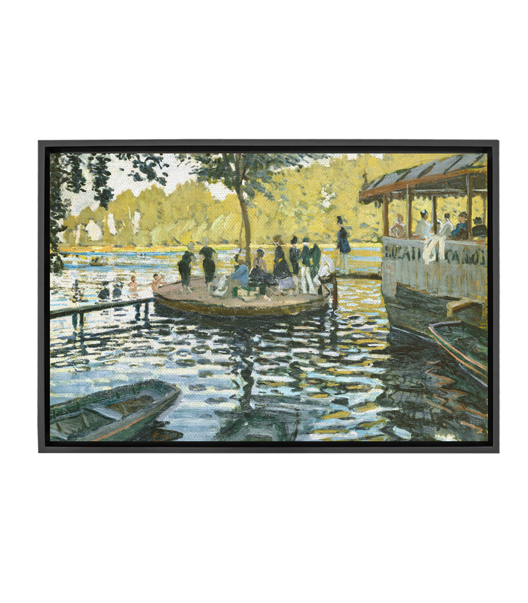 Tableau La Grenouillère Monet — scène fluviale impressionniste avec baigneurs, barques et saule, tons bleu jaune vert Massinart