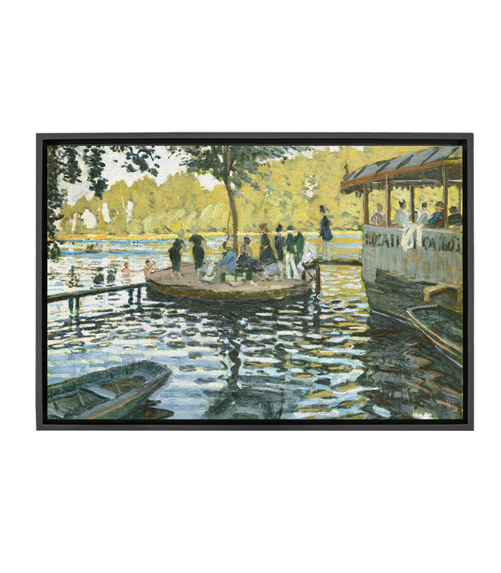 Tableau La Grenouillère Monet — scène fluviale impressionniste avec baigneurs, barques et saule, tons bleu jaune vert Massinart