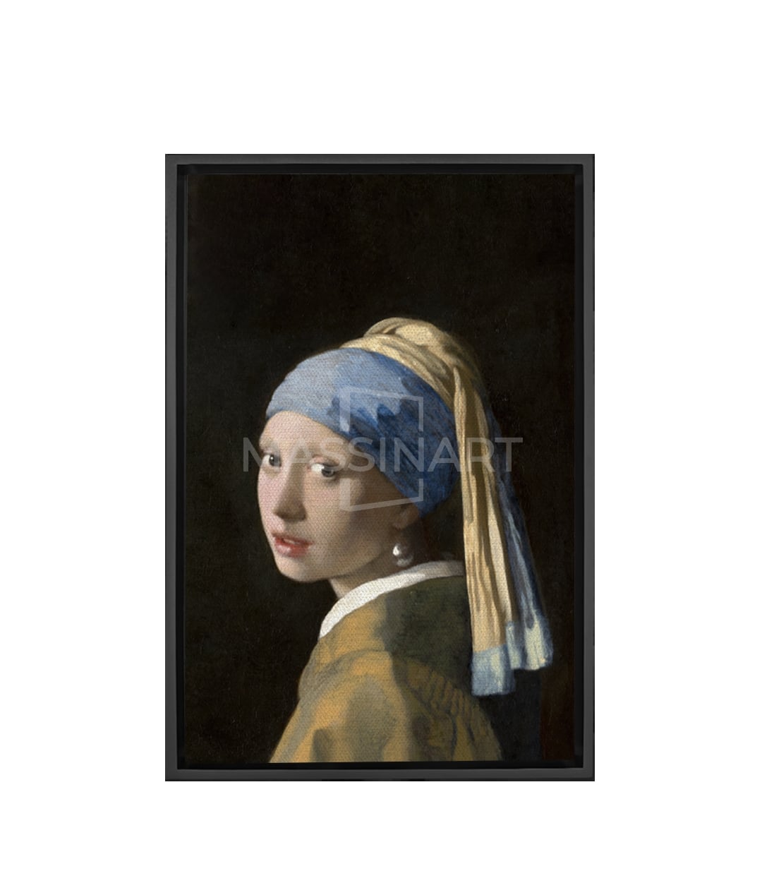 Tableau La Jeune Fille à la Perle, portrait femme turban bleu perle Massinart