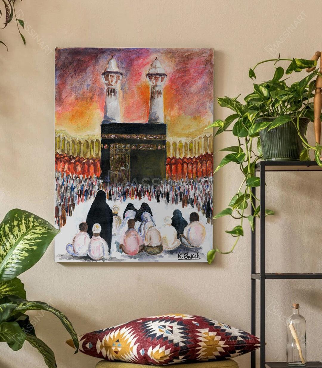 Tableau La Kaaba pèlerinage islamique expressionniste Massinart — minarets et foule priante