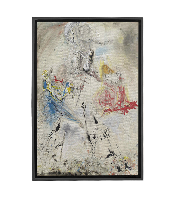 Tableau La Sainte Trinité expressionniste abstrait, figures noires, touches bleu rouge jaune, fond beige Massinart