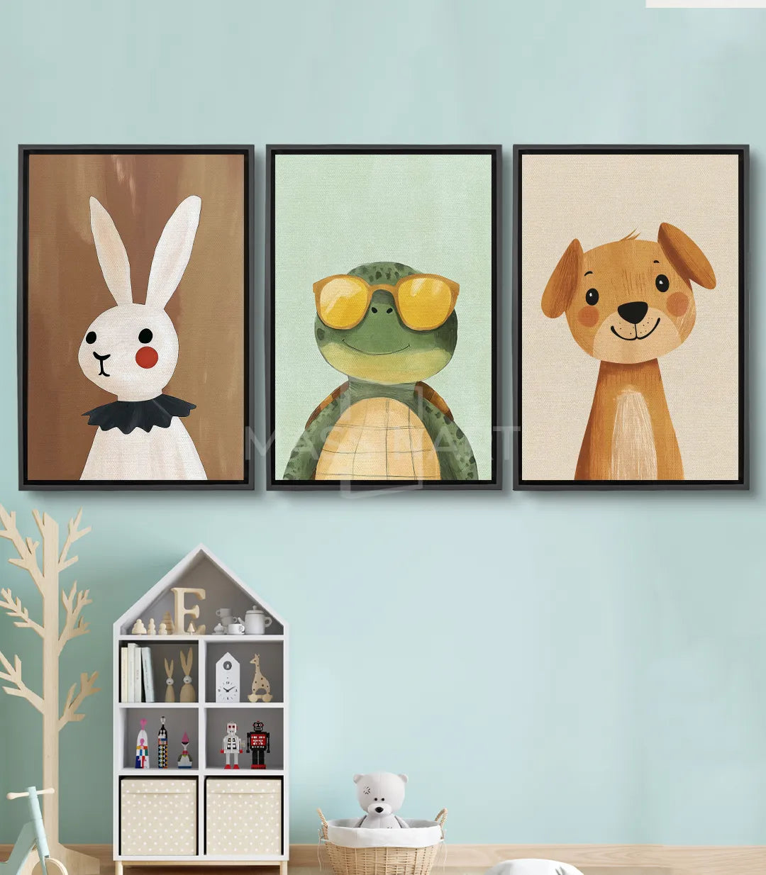 Tableau lapin blanc souriant fond marron Massinart