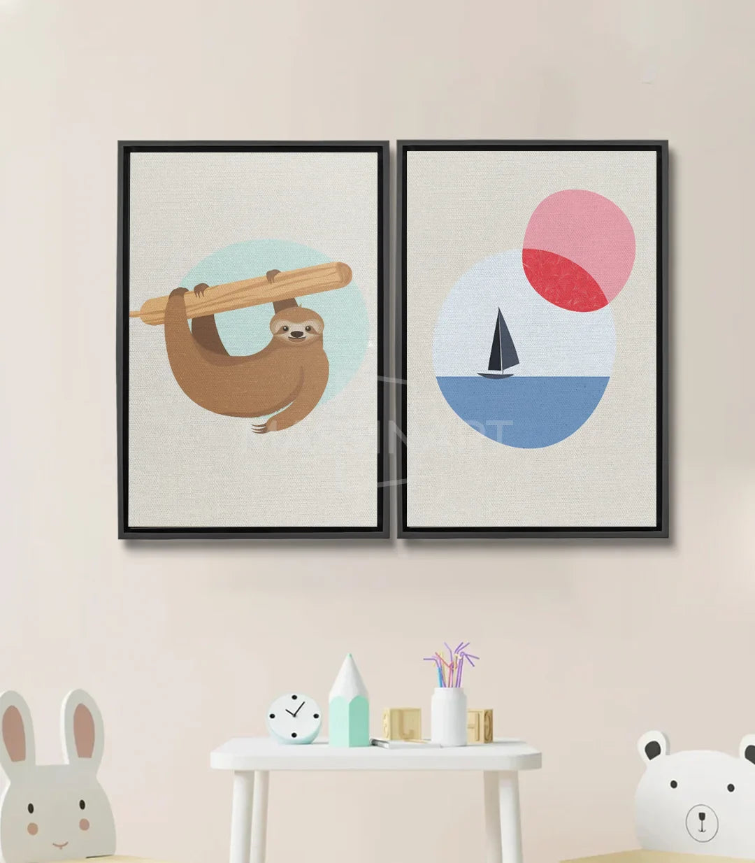 Tableau Lazy Koala diptyque — koala brun avec longue-vue, voilier bleu et soleil rose Massinart