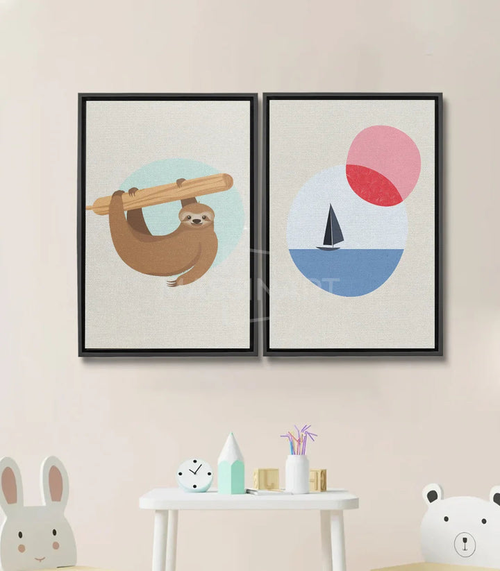 Tableau Lazy Koala diptyque — koala brun avec longue-vue, voilier bleu et soleil rose Massinart