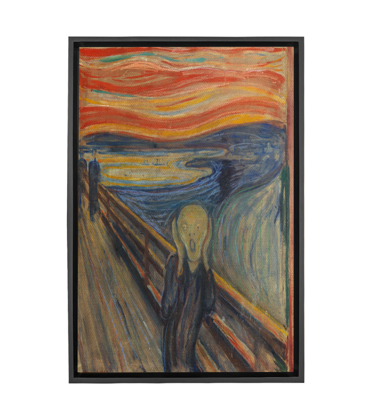 Tableau Le Cri Munch expressionniste vertical — figure anxieuse sur pont, ciel rouge-orange, Massinart