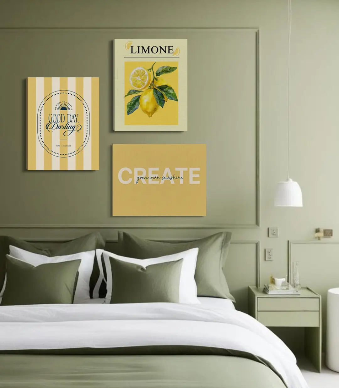 Tableau Limone Energy triptyque — citron botanique, typographie positive jaune et blanc Massinart