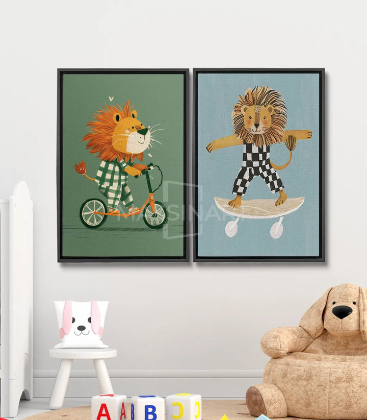 Tableau Lion à vélo vert Massinart — illustration enfantine colorée