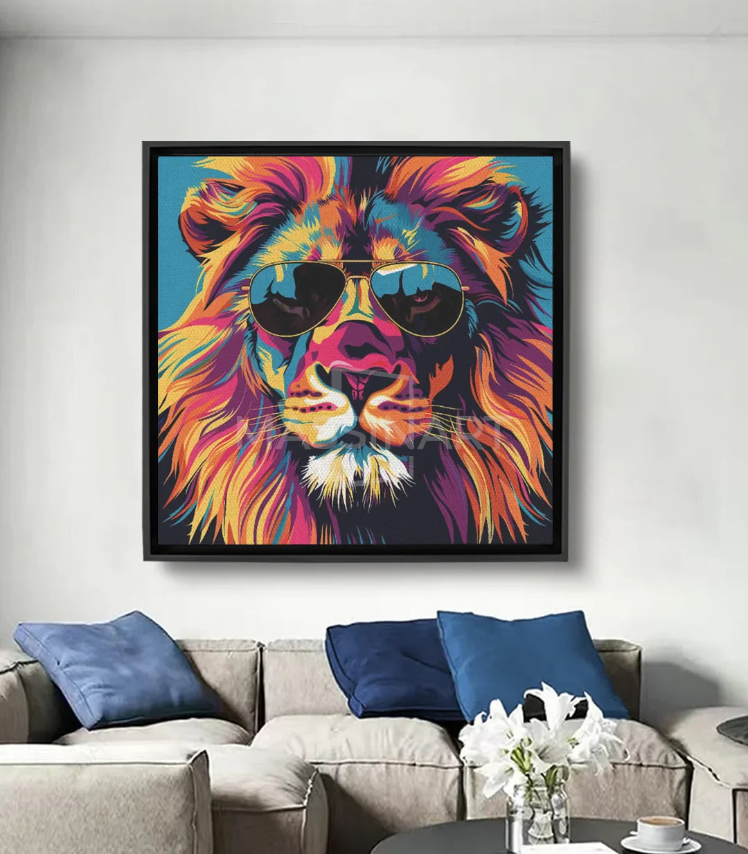 Tableau lion pop-art coloré Massinart — bleu, jaune, rose et orange vif