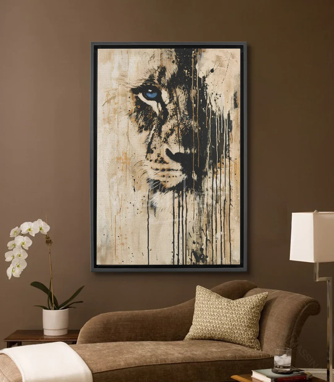 Tableau lion regard bleu expressionniste Massinart — coulures street-art beige noir