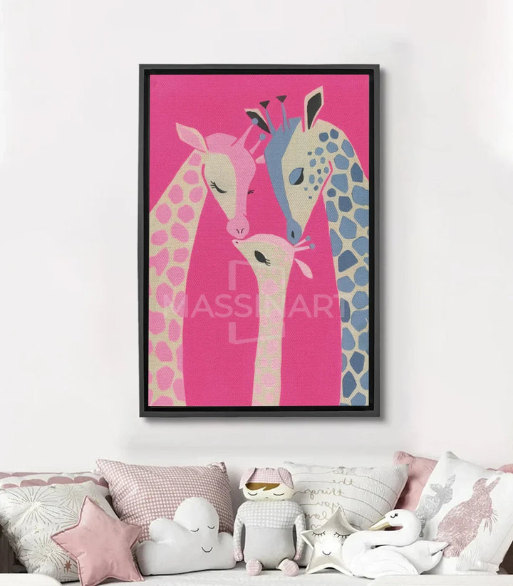 Tableau Little Giraffe Massinart — trois girafes rose beige bleu fond fuchsia