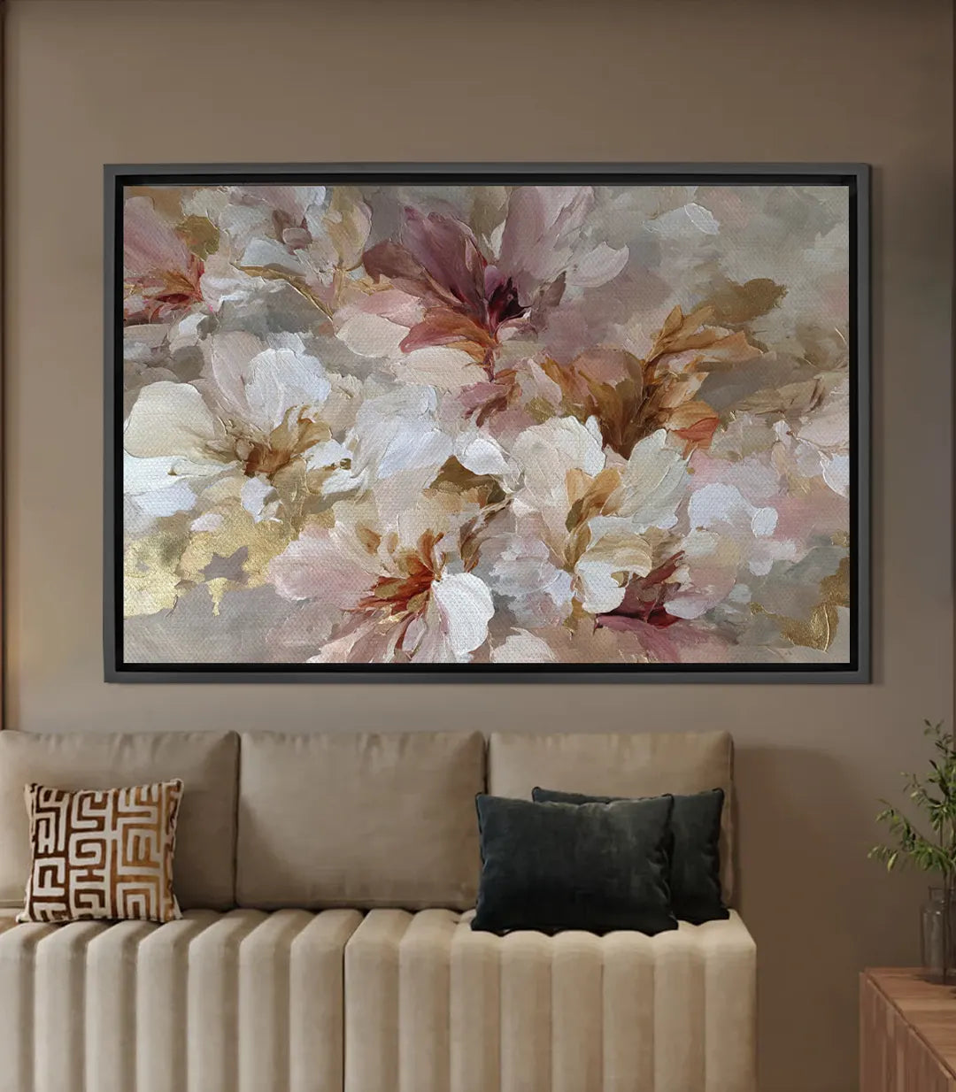 Tableau Lush Serenity fleurs blanches aquarelle rose doré — Massinart