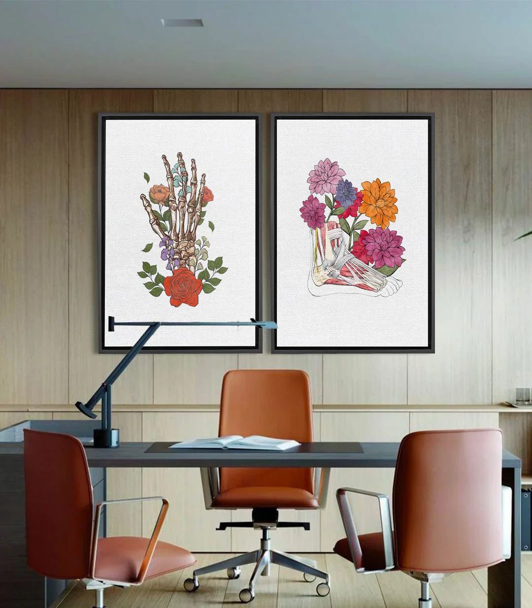 Tableau main squelette avec fleurs rouges et roses colorées Massinart
