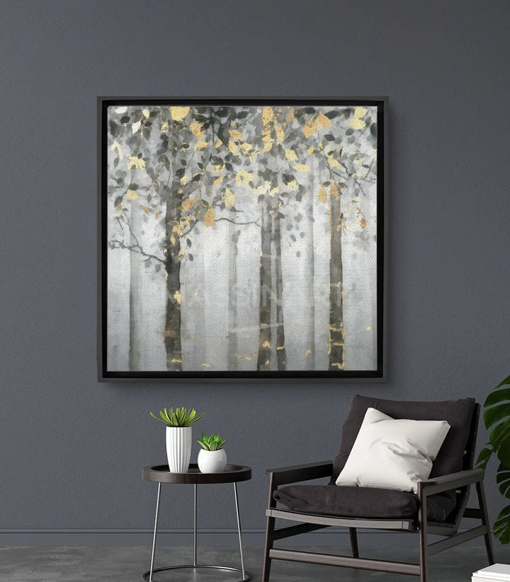 Tableau Majestueuse forêt dorée avec arbres brumeux et feuillage automnal sur fond gris Massinart