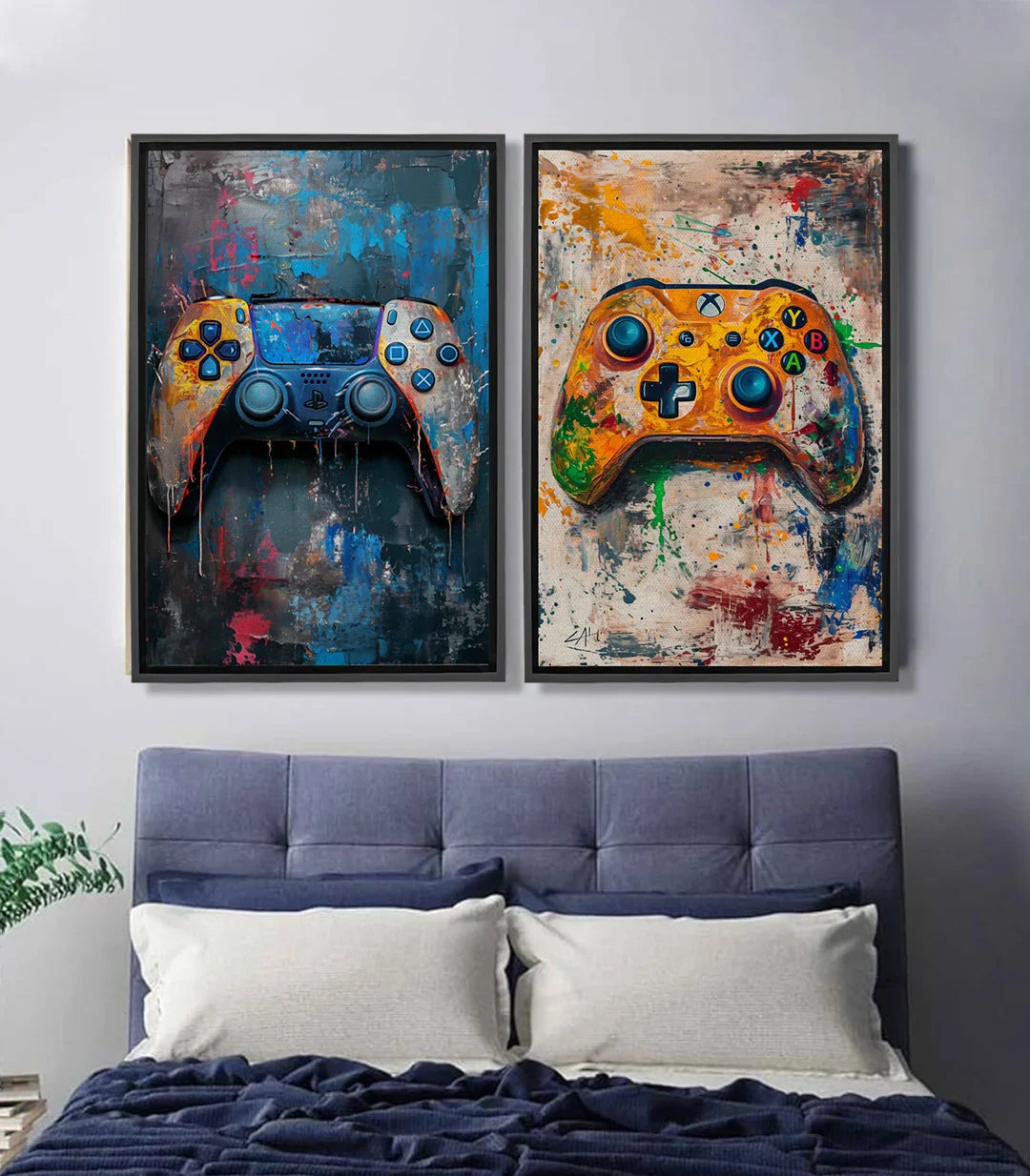 Tableau manette gaming bleue expressionniste Massinart — fond urbain bleu et rose