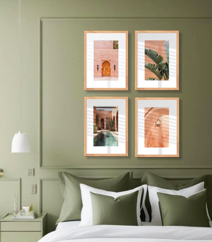 Tableau Marrakech Massinart — quatre photos architecture marocaine portes dorées rose terracotta
