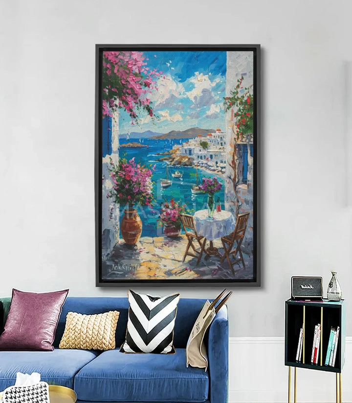 Tableau Mediterranean Balcony paysage côtier méditerranéen fleurs roses Massinart