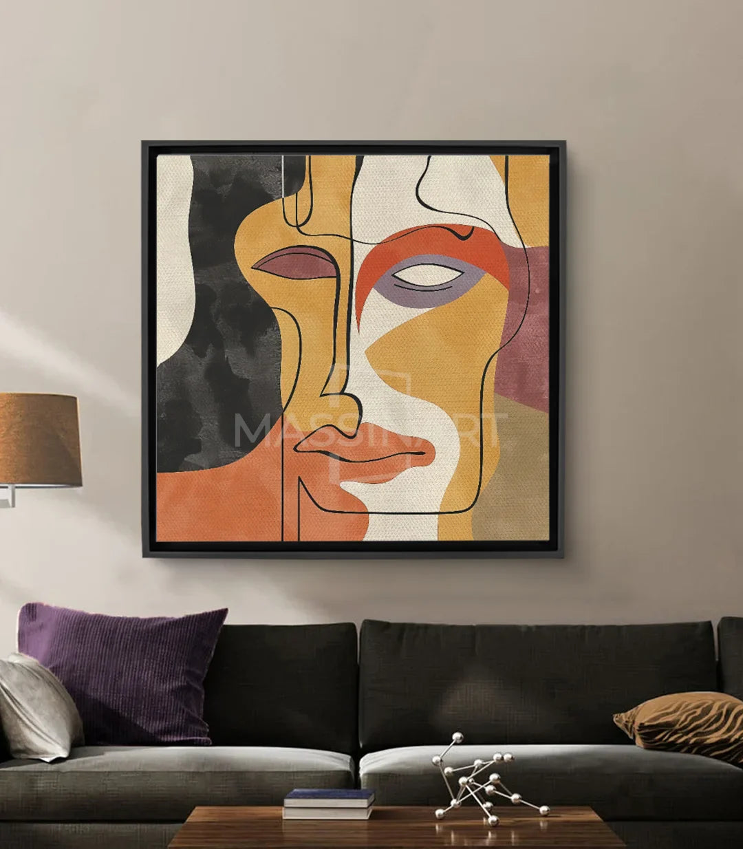 Tableau Merged abstrait — deux visages fusionnés lignes continues jaune orange noir Massinart