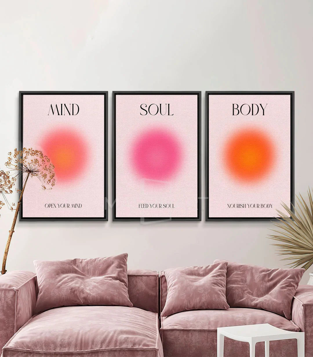 Tableau Mind Soul Body triptyque Massinart — dégradés rose coral magenta orange