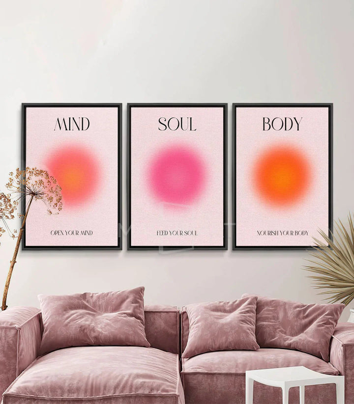 Tableau Mind Soul Body triptyque Massinart — dégradés rose coral magenta orange