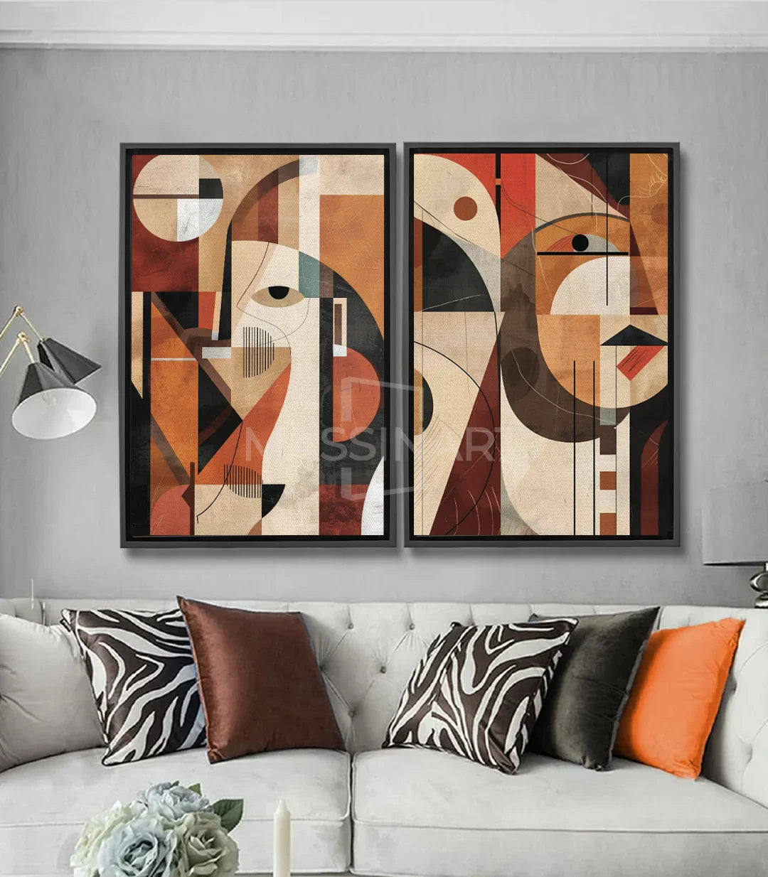 Tableau Mirror diptyque cubiste abstrait, tons marron terracotta crème et noir, visages géométriques Massinart