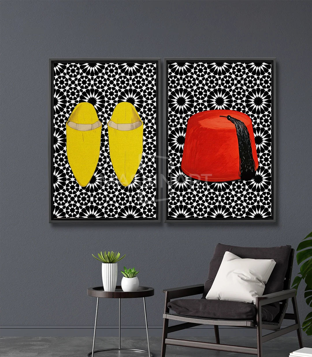 Tableau Moroccan Elegance diptyque — babouches jaunes et tarbouch rouge sur zellige noir blanc Massinart